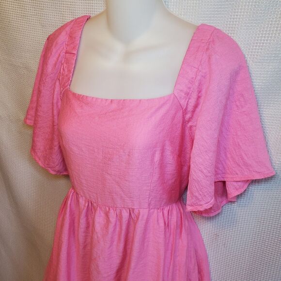 Womens Sz S Mini Prairie Dress Open Bow Back Balloon Hem Pink Summer Boho Party - Picture 2 of 9